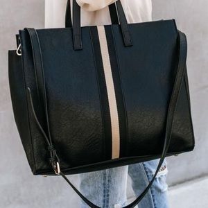 Black Faux Leather Tote Bag w Canvas Striping